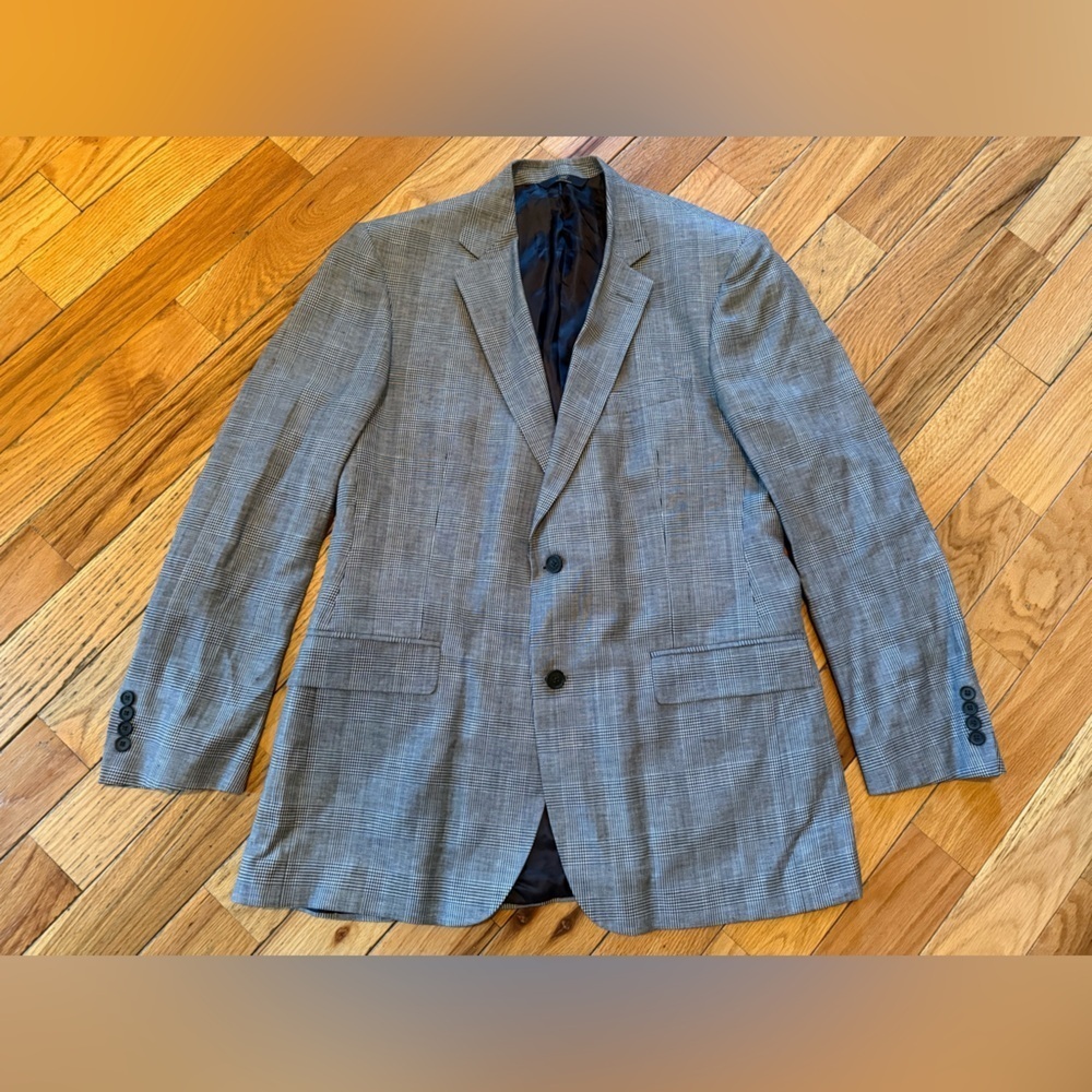 Brooks Brothers Blazer Mens 42L Blue/Black Linen/Wool Window Pane Jacket Sports